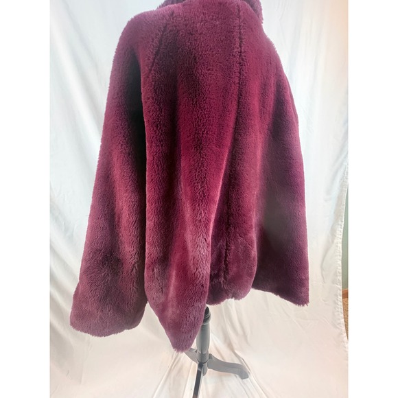 Burgundy Faux Fur Teddy Coat Oversized Notched Lapel Open Front Jacket Wine Red - Picture 10 of 13